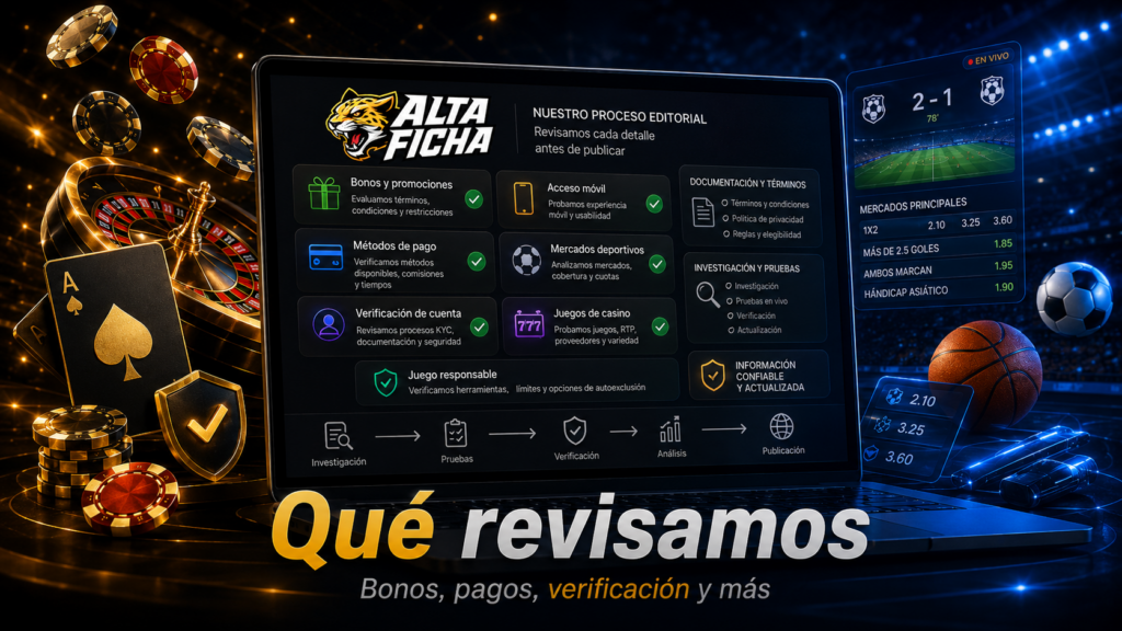 Banner de Alta Ficha con panel de revisión sobre bonos, pagos, verificación de cuenta, acceso móvil, casino online y apuestas deportivas