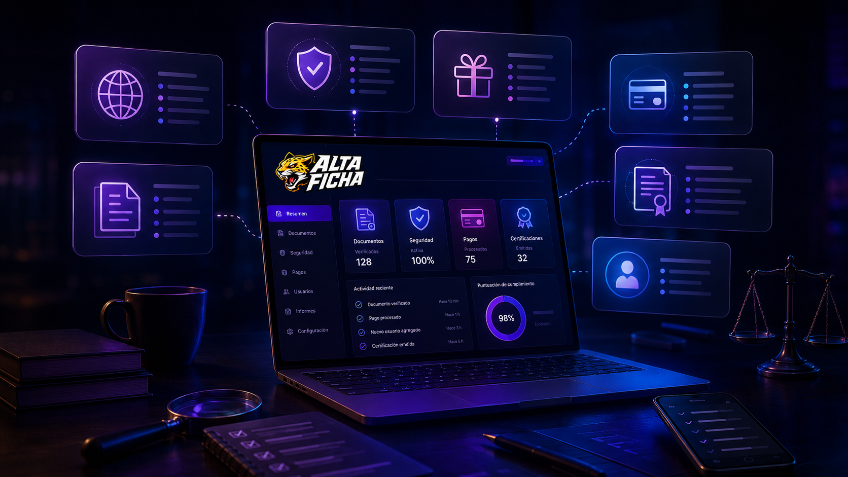 Ilustración de análisis editorial con documentos, términos, pagos y seguridad para plataformas de casino online.