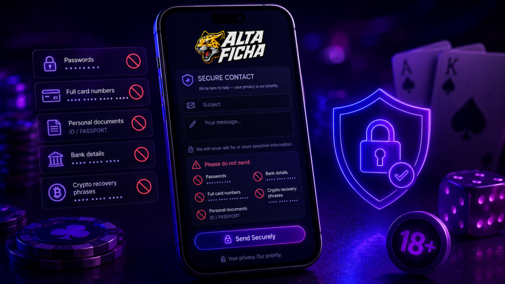 Interfaz móvil de Alta Ficha con aviso de contacto seguro y recordatorio de no enviar contraseñas, datos bancarios, documentos personales ni información sensible.